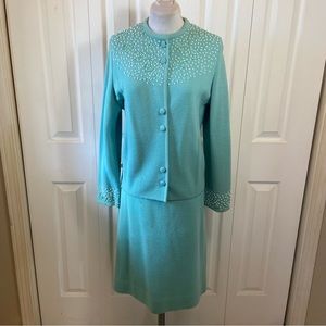 Vintage  50's 60's Knit Beaded and Embroidered  Skirt Suit Cardigan and Skirt